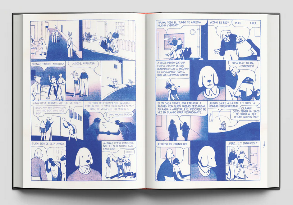 Imagen promocional con dos páginas de La Alegre Vida del Triste Perro Cornelius, de Marc Torices.